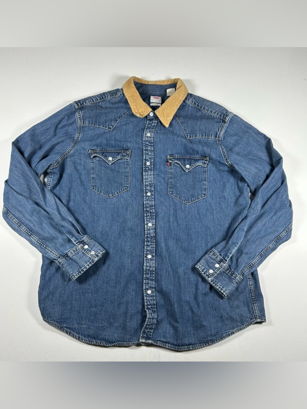 Levi's Mens XL Denim Trucker Shirt Corduroy Collar Western Style Pearl Snap